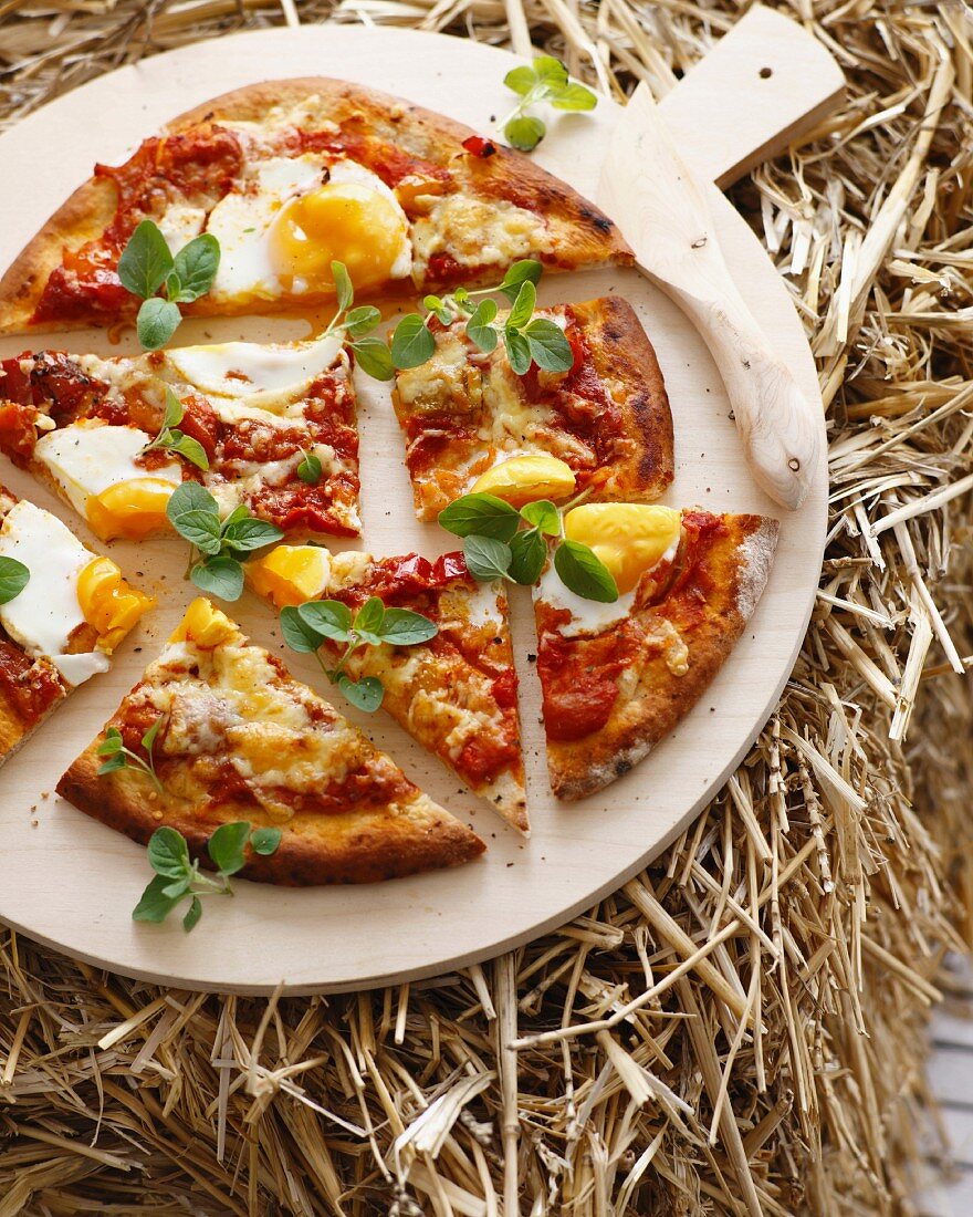 Pizza mit Ei, Tomaten, Käse und Oregano auf Stroh