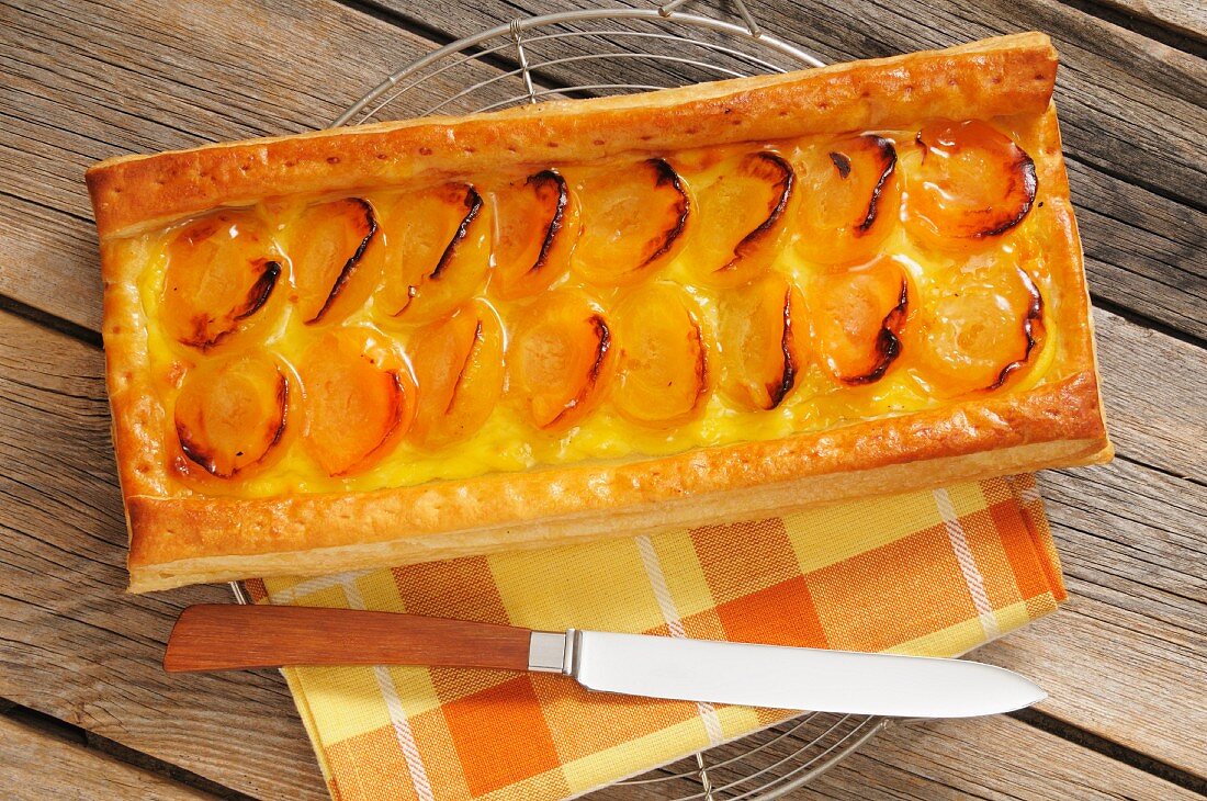A rectangular apricot tart