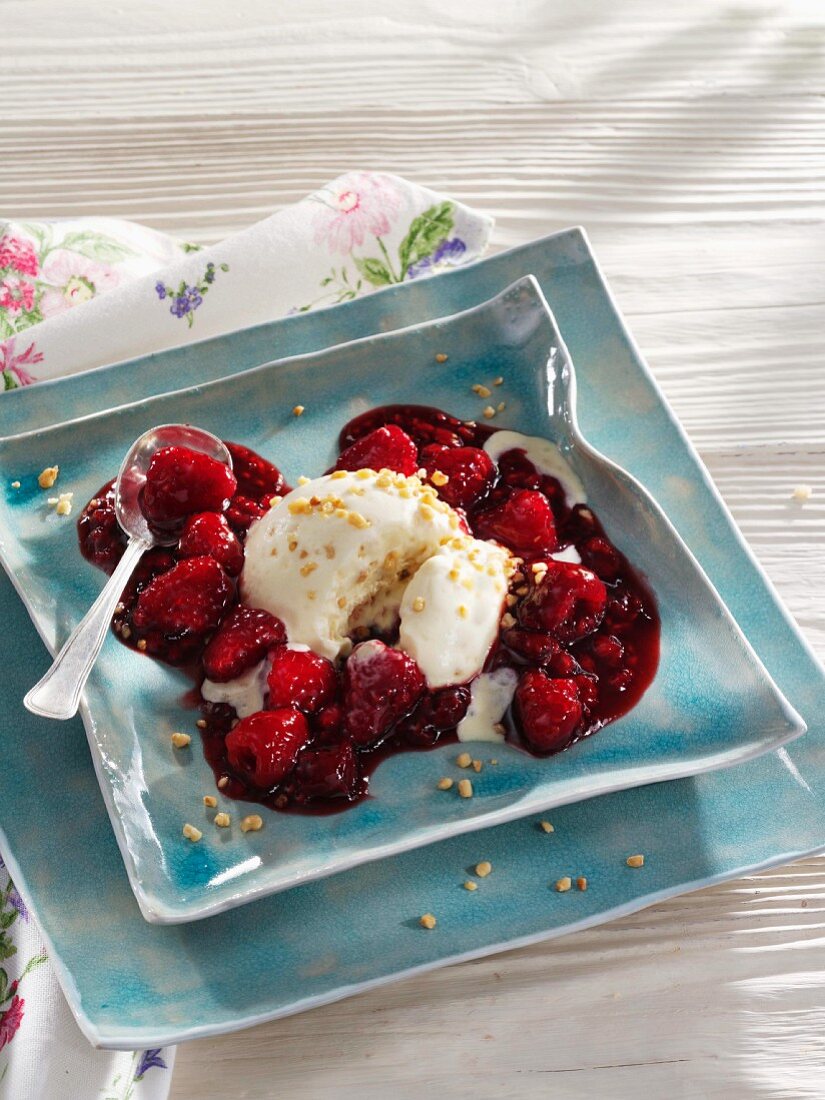 Nut parfait with blackcurrant and raspberry compote