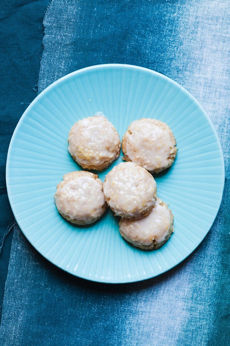 Iced Lemon Cookies on a Blue Plate