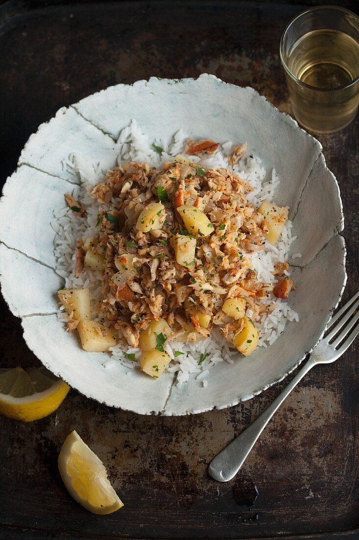 Pilau rice with fish (view from above)