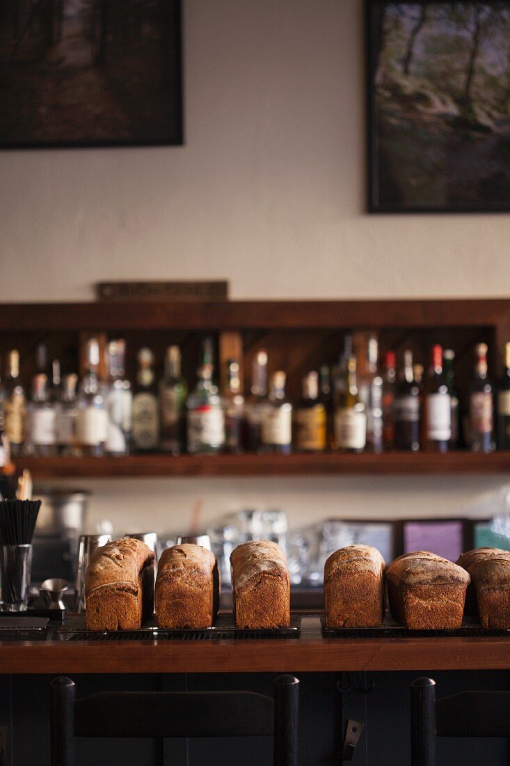 Freshly Baked Loaves of Bread Cooling on a Bar