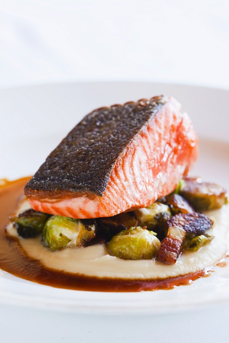 Artic Char with Roasted Brussel Sprouts, Pancetta, Mashed Celery Root and Sauce