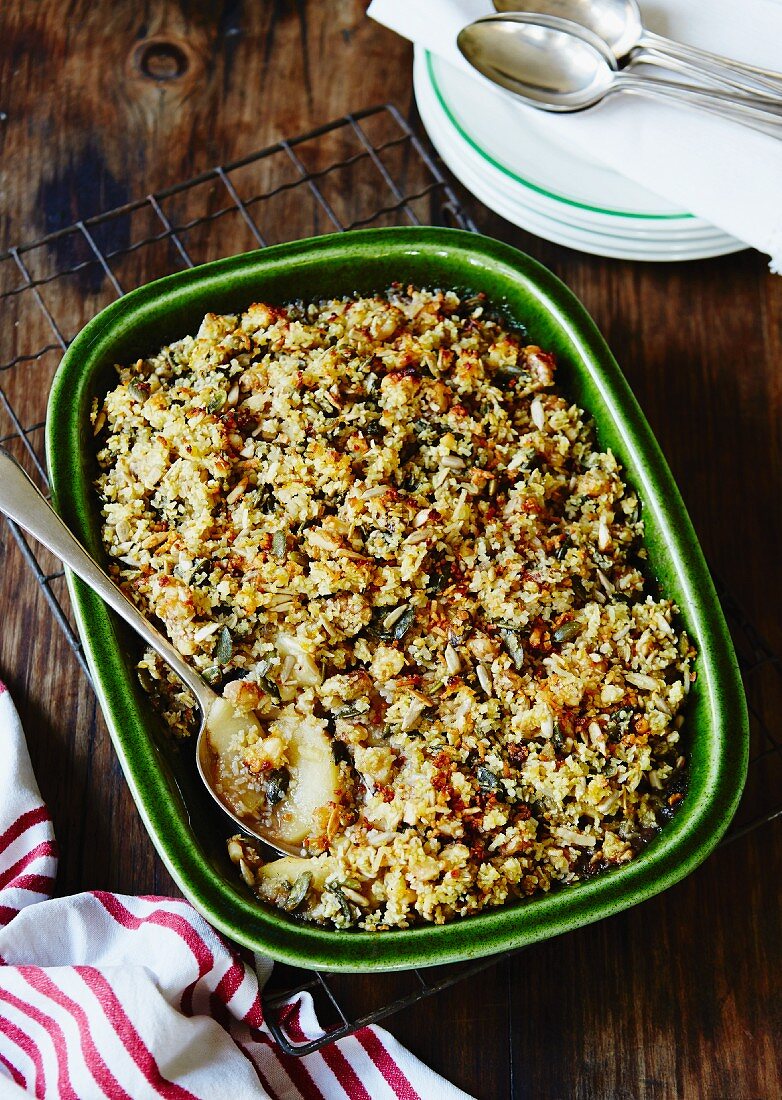 Apple and coconut crumble with sunflower seeds
