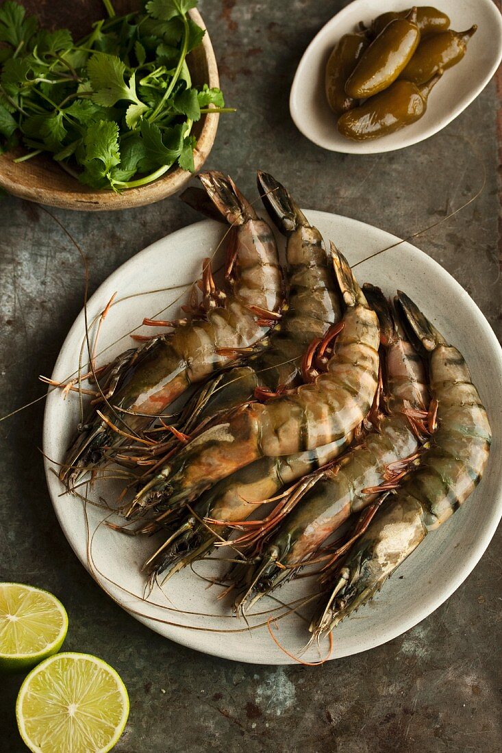 Raw king prawns, coriander, limes and chillies