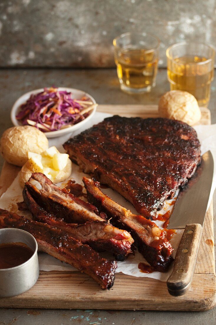 Marinated spare ribs with barbecue sauce and coleslaw