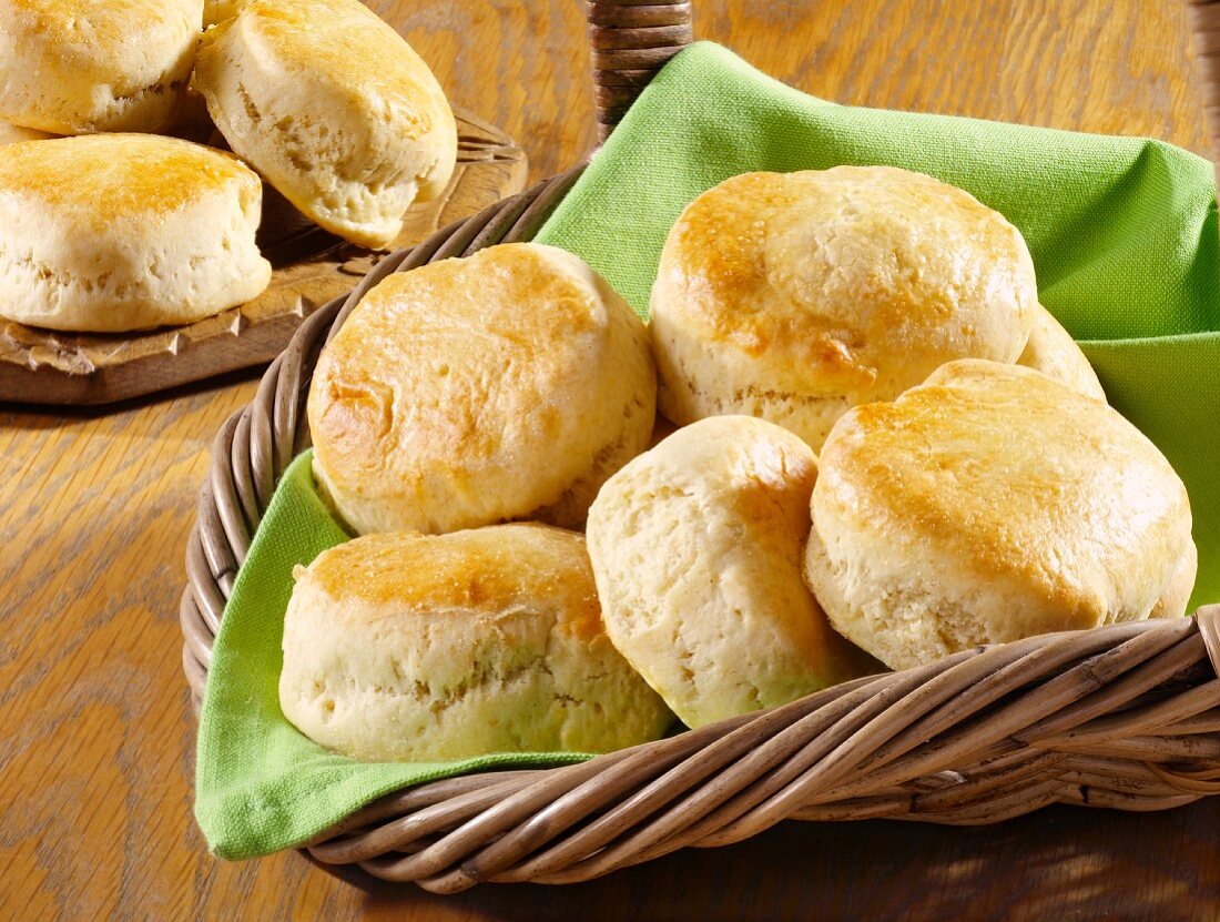 Several scones in a bread basket