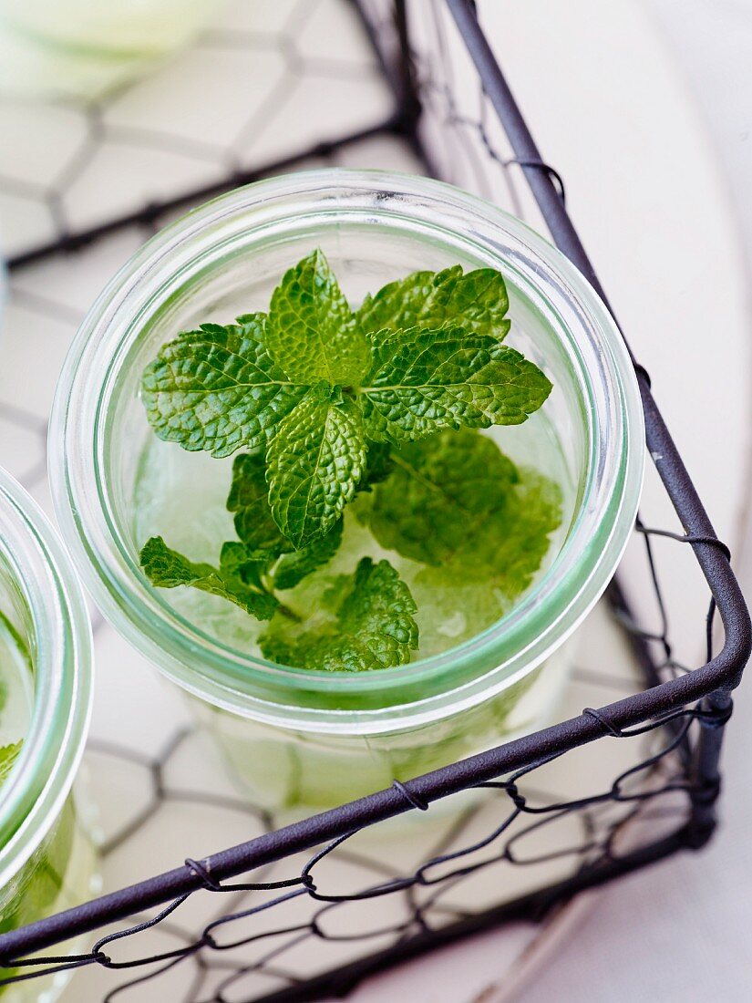 Ein Glas Limonade mit frischer Minze im Drahtkorb