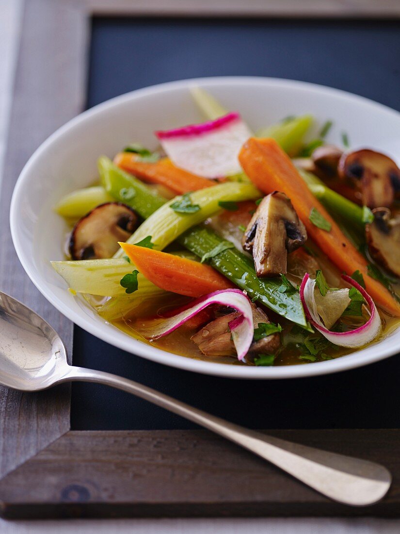 Pot au feu with vegetables and mushrooms