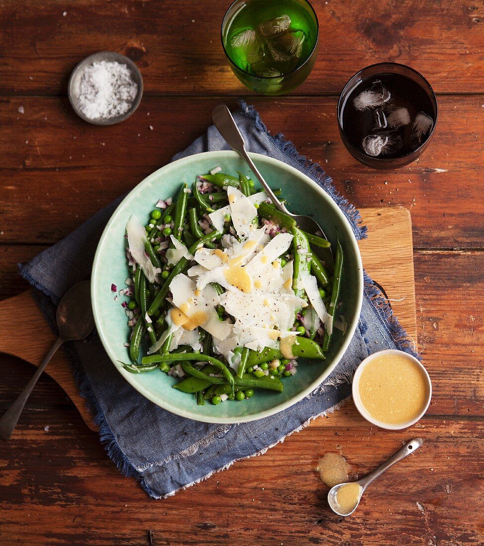 Bean and pea salad with Parmesan cheese