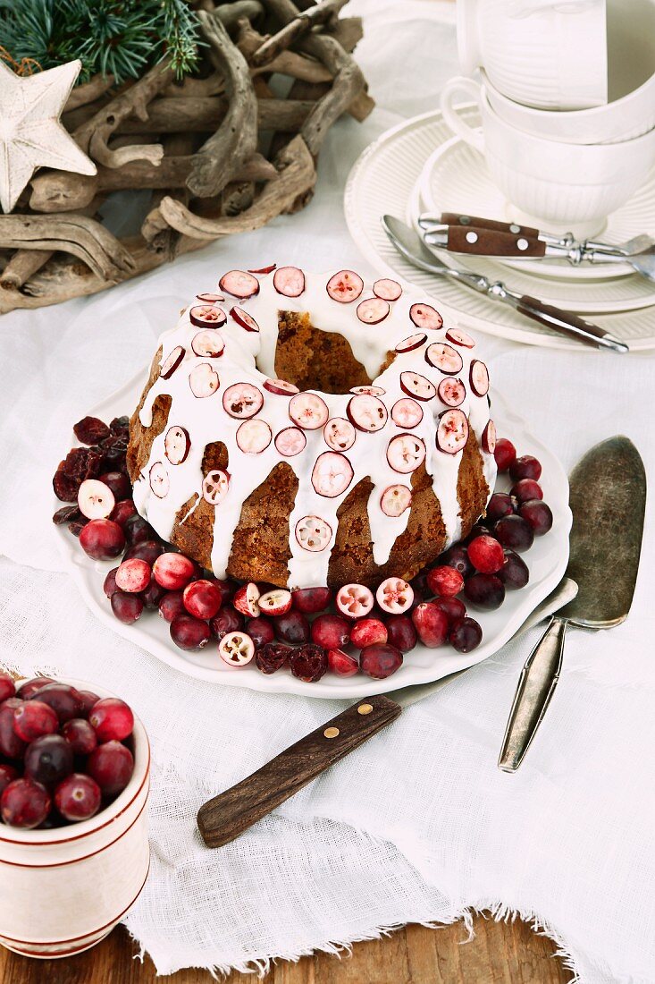 Bundt cake with white chocolate and cranberries for Christmas