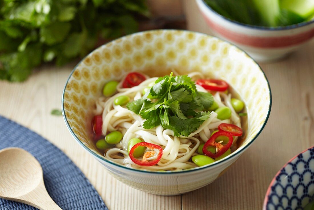 Noodle soup with soy beans, chillies and coriander (Asia)
