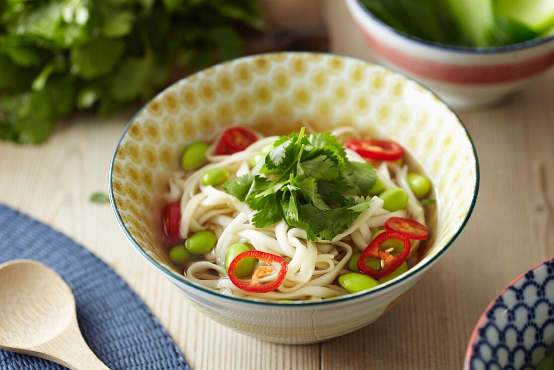 Nudelsuppe mit Smoothie, Chilischoten und Koriandergrün (Asien)