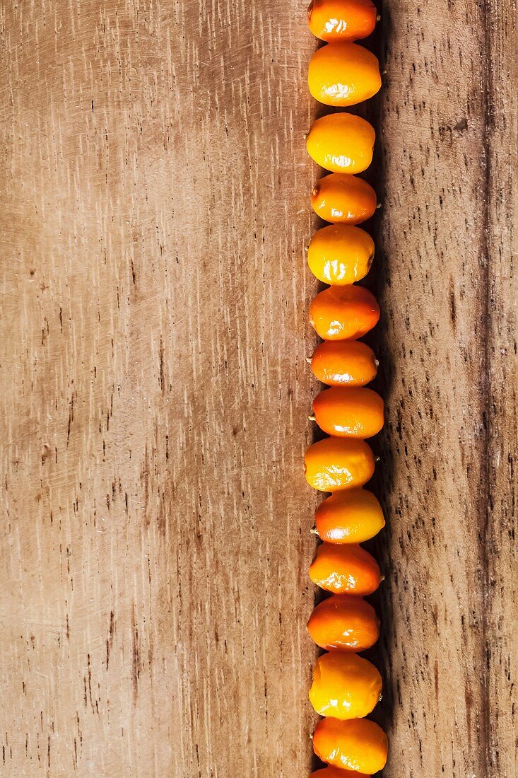 A line of sea buckthorn berries on a wooden surface