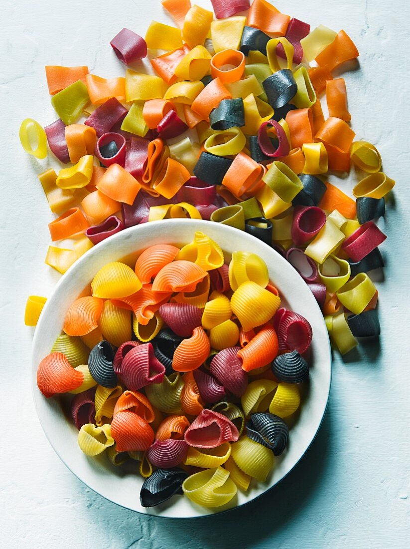 Assorted coloured pasta (view from above)