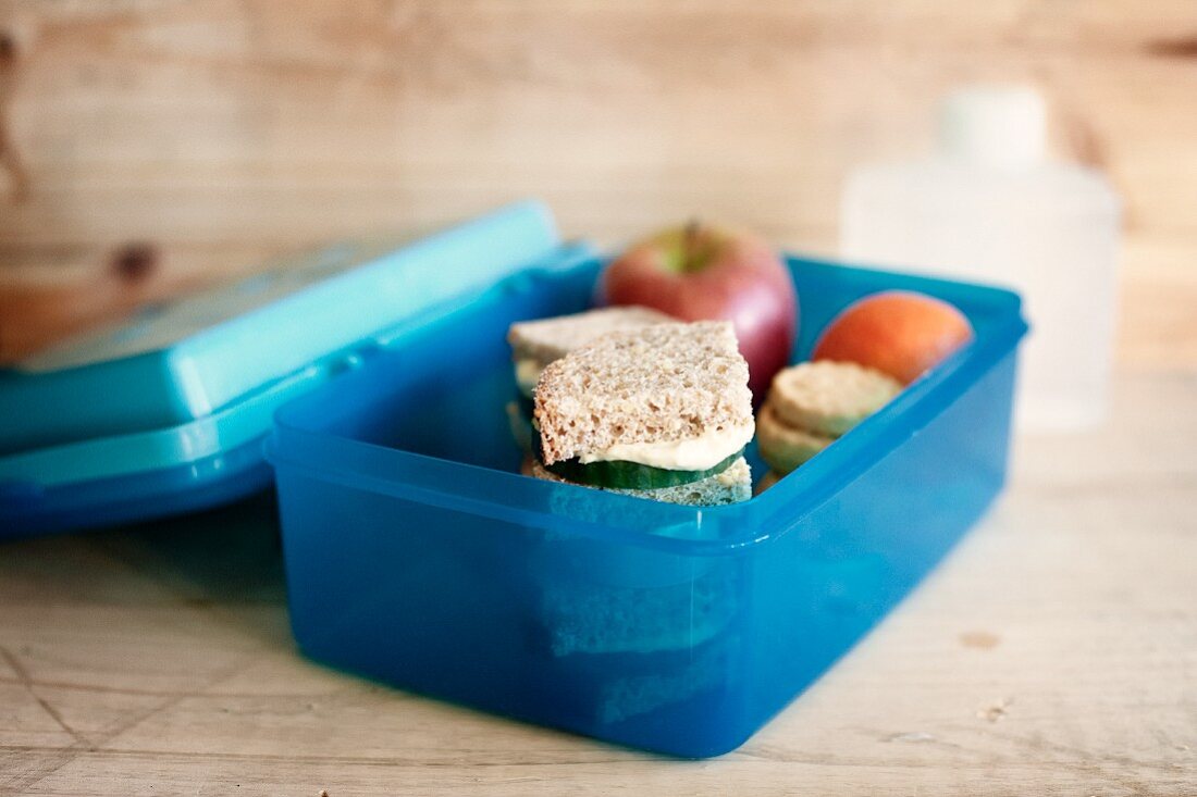 An open lunch box with a cucumber sandwich, fruit and biscuits