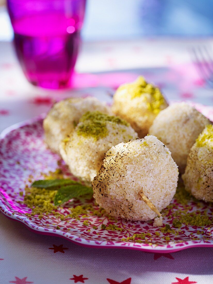 Barbecued ice cream dumplings with pistachios