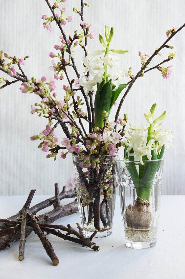 Frühlingsdeko mit Kirschblütenzweigen & Hyazinthen