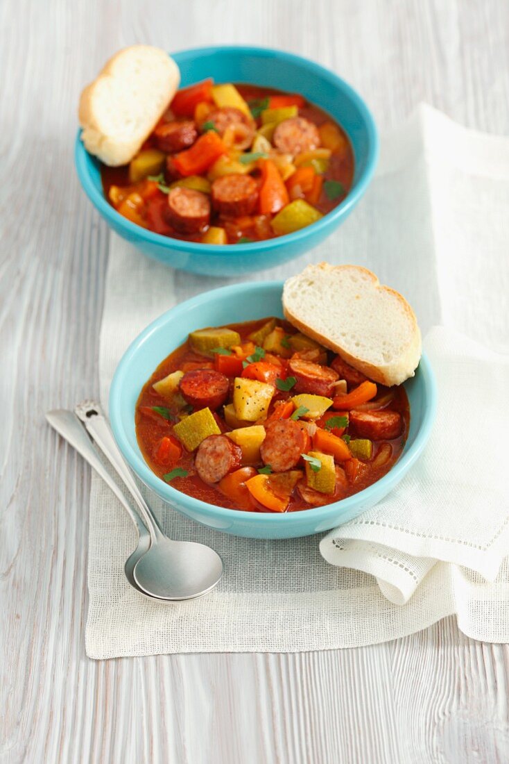 Letscho mit Wurst, Paprika und Zucchini