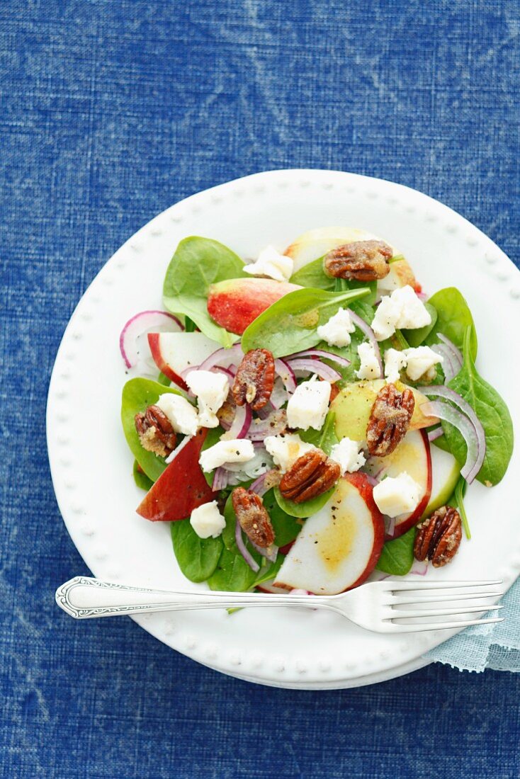 Spinatsalat mit Apfel, Zwiebeln, Ziegenkäse und gezuckerten Pecannüssen