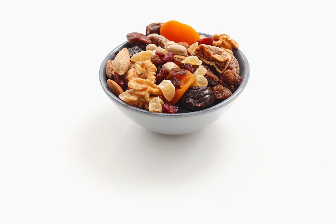 Assorted dried fruits and nuts in a bowl