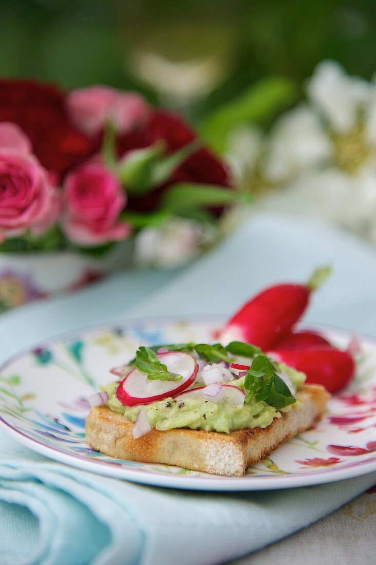 Crostino topped with radish leaf cream and radishes