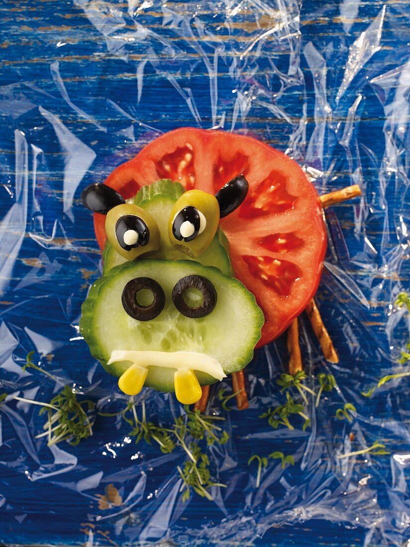 A hippopotamus made from cucumber, tomato and olives