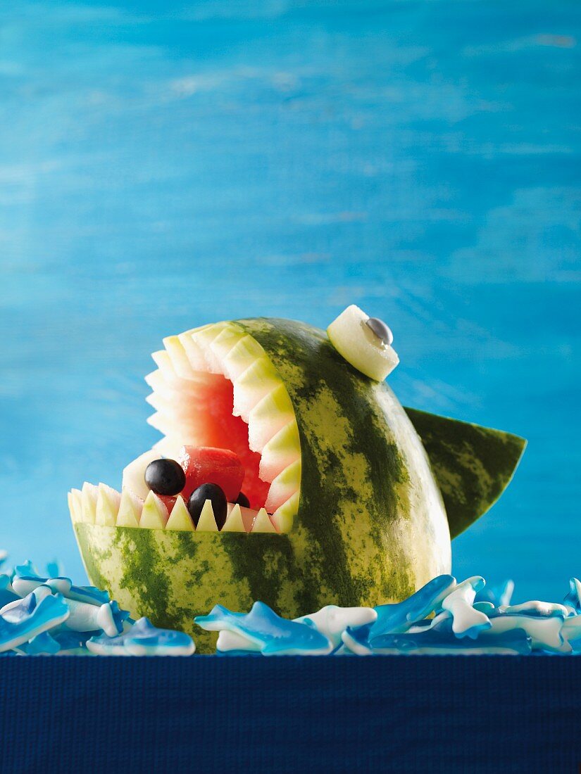 Fruit salad in a melon shark