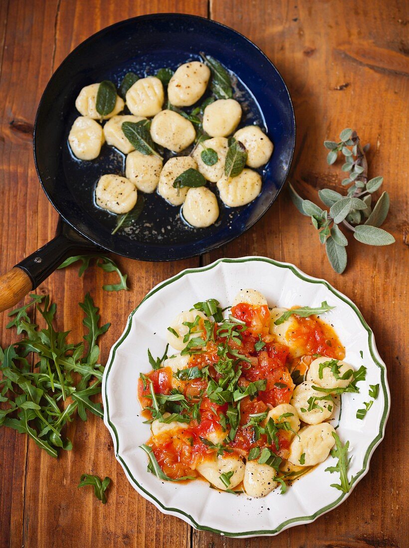 Gnocchi with sage butter and gnocchi with tomato sauce