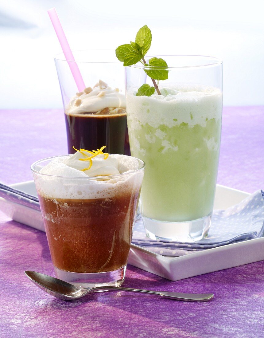 Iced orange coffee, virgin mint colada and nut & coffee