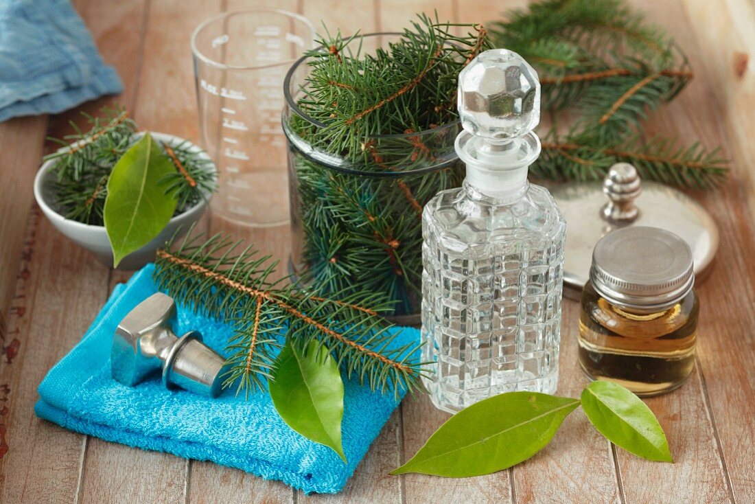 Ingredients for home-made rubbing alcohol (camphor and fir twigs)