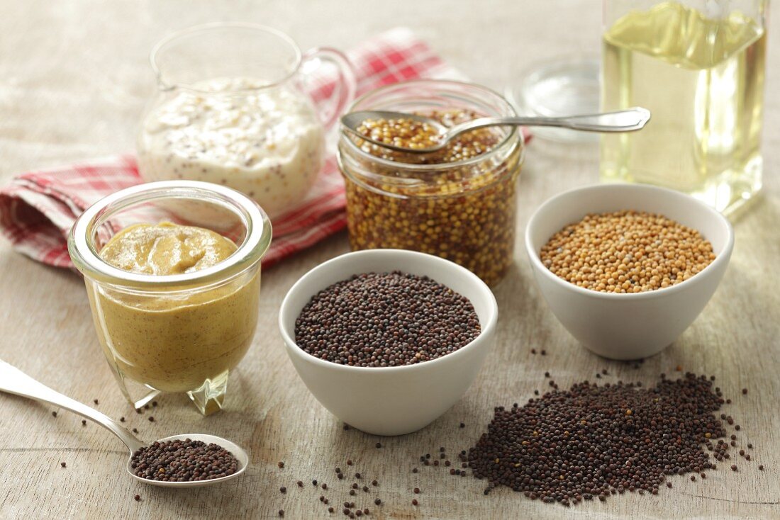 Mustard seeds and mustard sauce