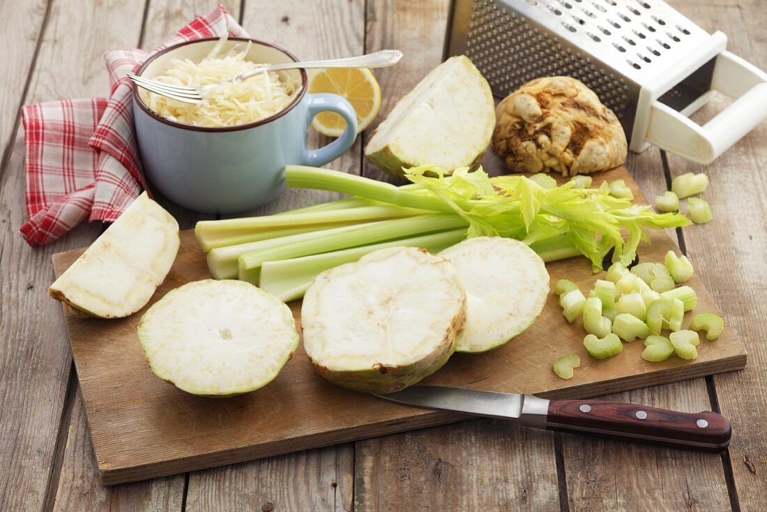 Celeriac and celery, partly sliced, with celeriac salad