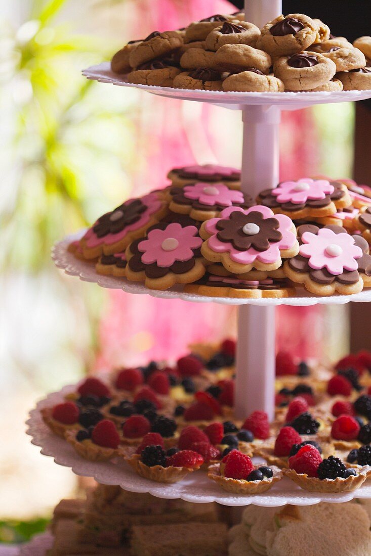 Tiered Trays of Berry Tartlets and Cookies