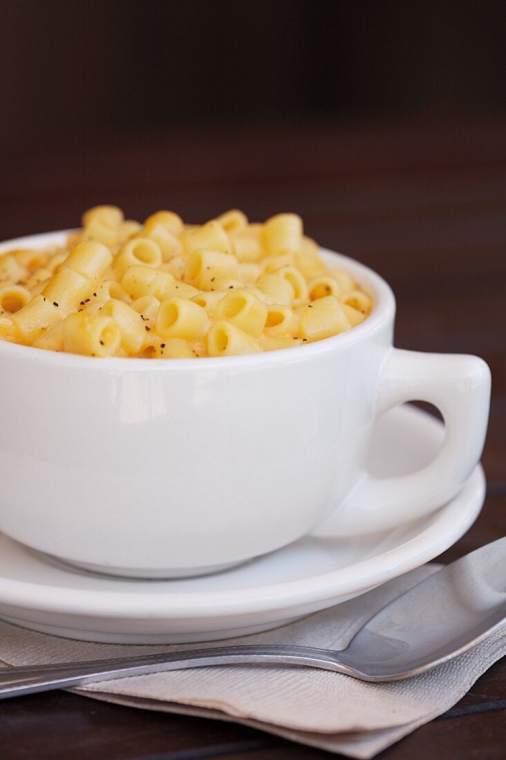 Macaroni and Cheese in a Large White Mug