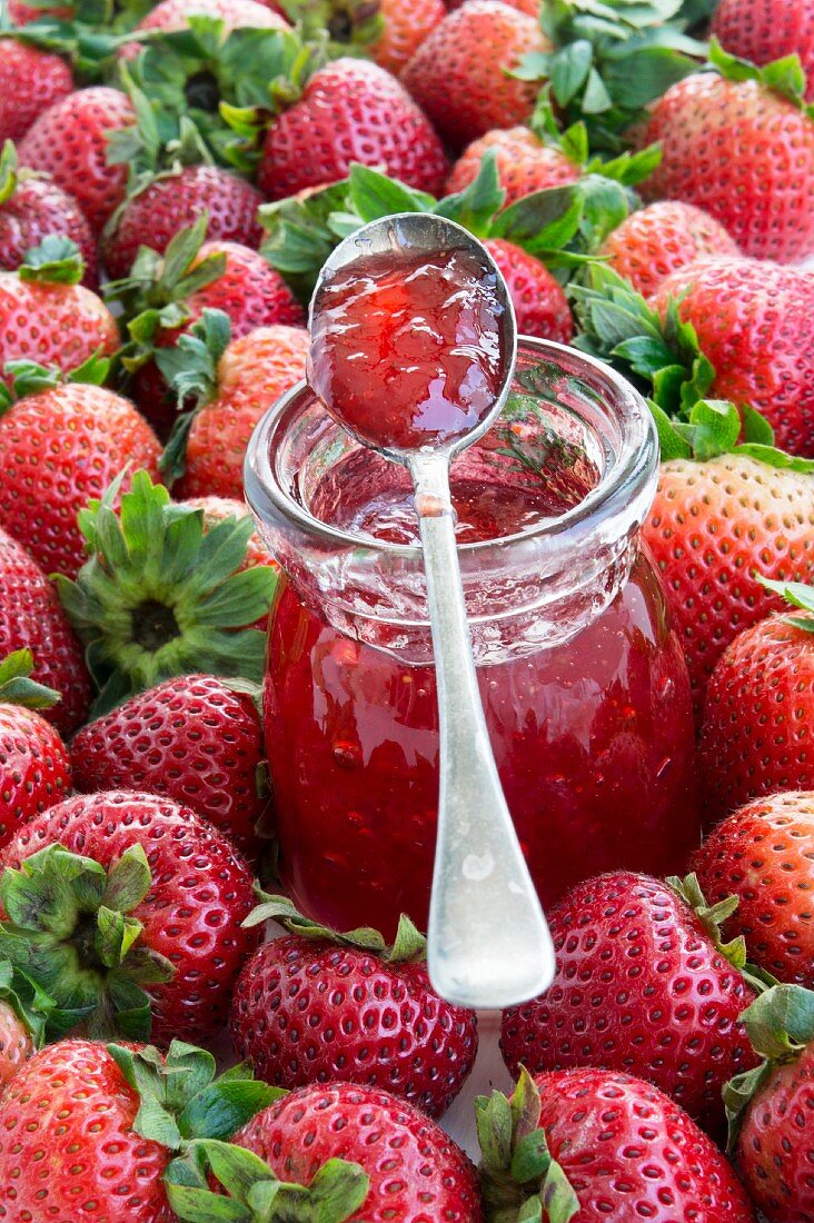 Ein Glas Erdbeermarmelade zwischen frischen Erdbeeren