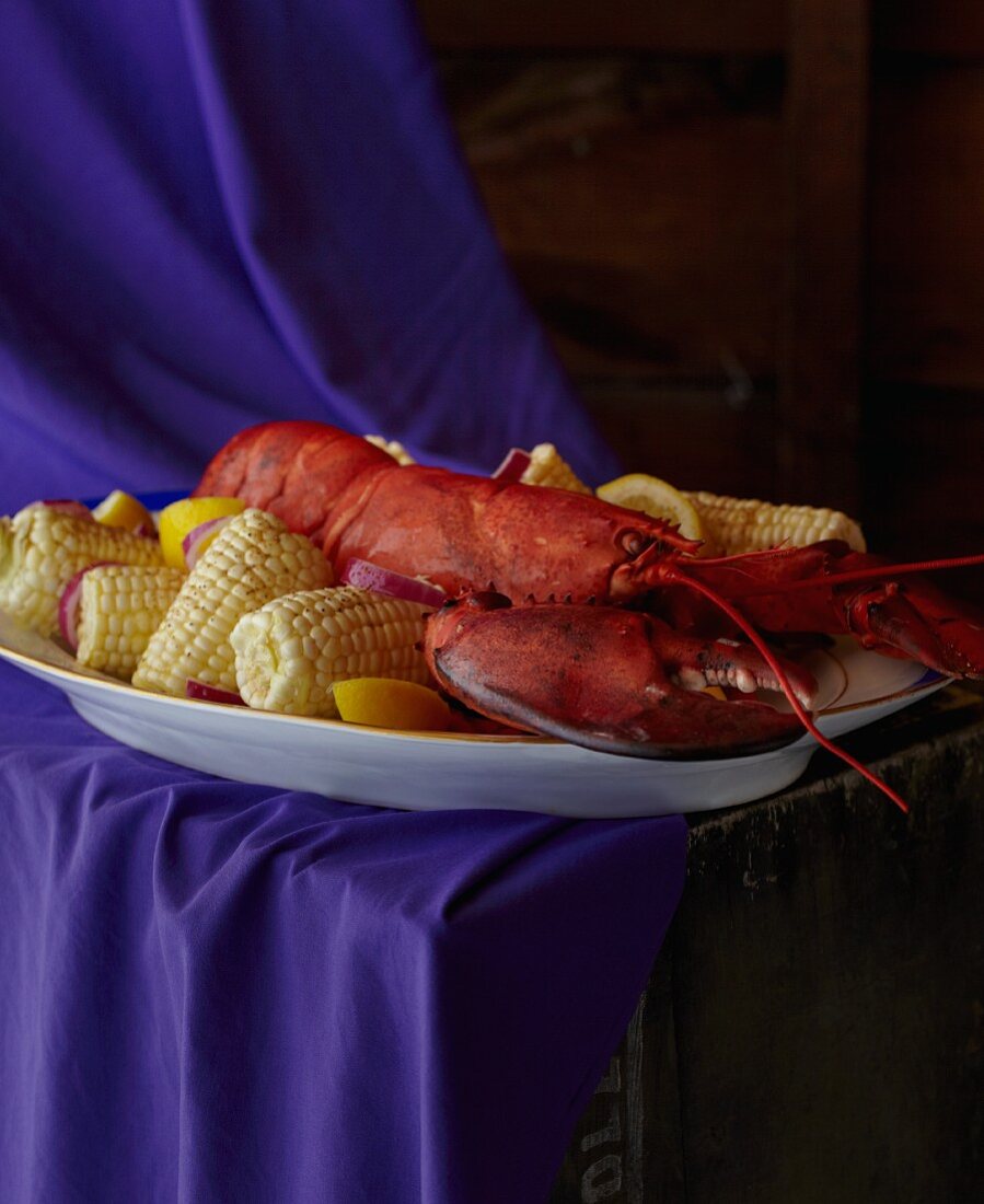 Boiled Lobster with Corn Cobs