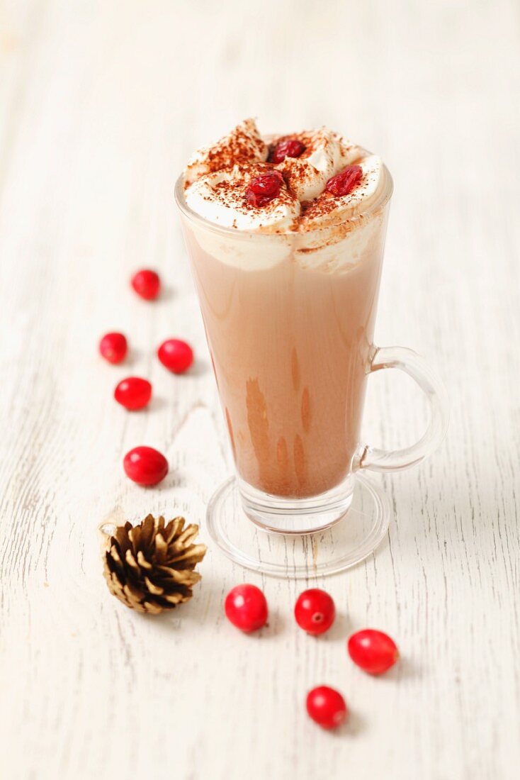 Hot chocolate with vodka, cream and cranberries (for Christmas)