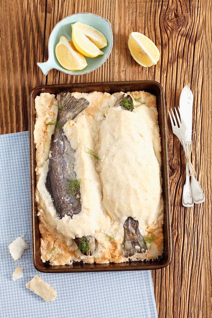 Trout in a salt crust with lemons