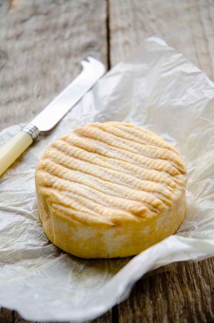 Pie d'Angloys soft cheese from France, on waxed paper