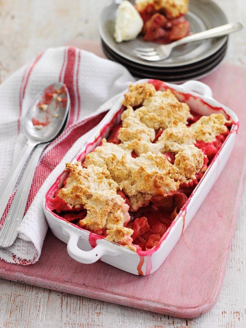 Rhubarb cobbler in the baking pan