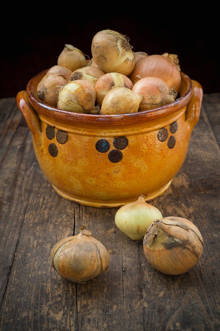 Zwiebeln in alter Tonschüssel auf Holztisch