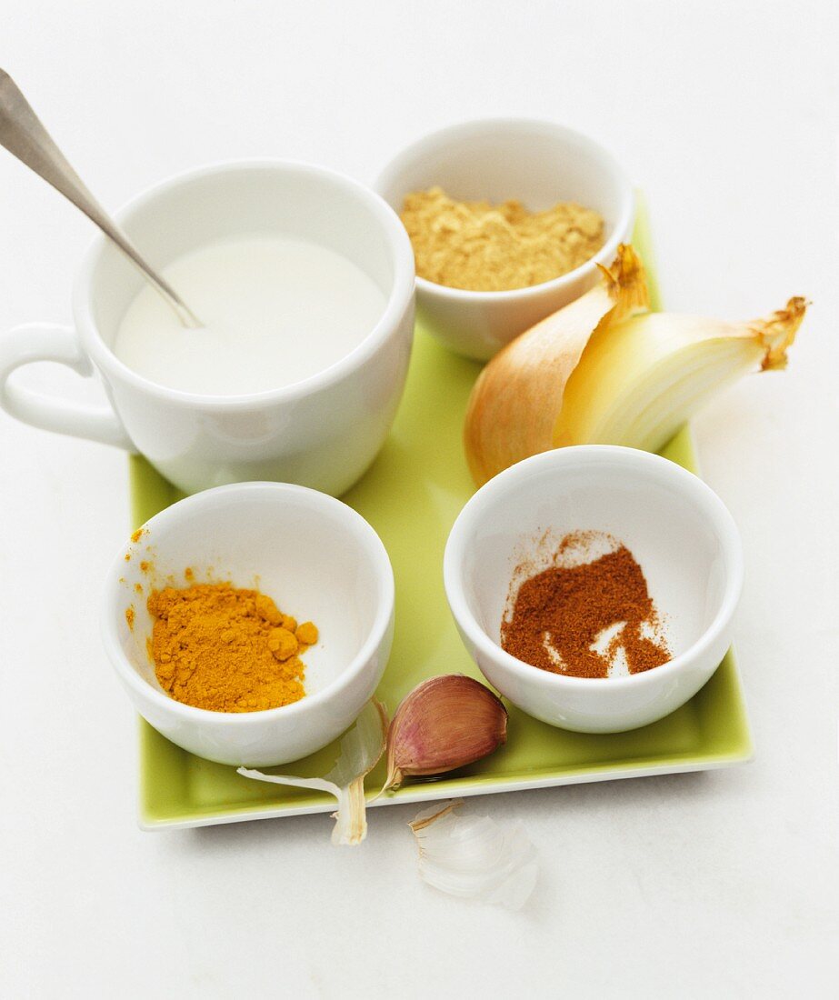 A still life of ingredients featuring yoghurt, curry, ground paprika and onions