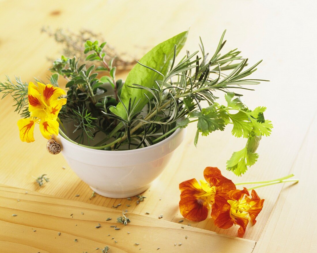 Assorted kitchen herbs and nasturtium flowers