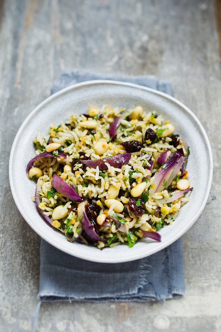 Rice with colourful lentils and red onions