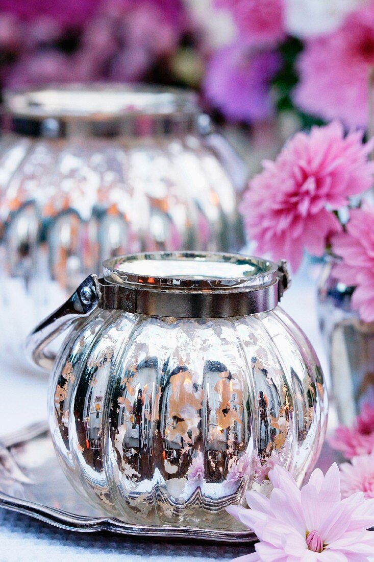 Silvered glass lantern as autumn table decor