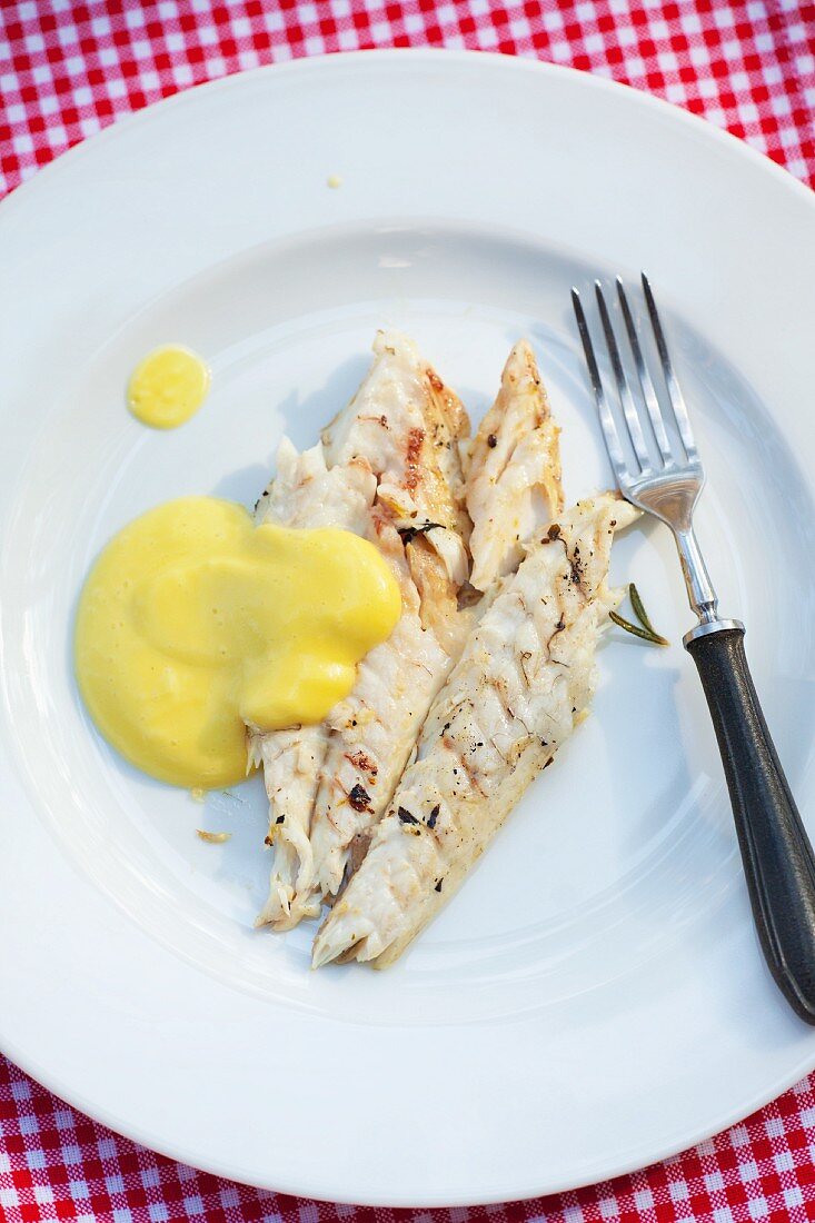 Grilled cod fillets with cheese sauce