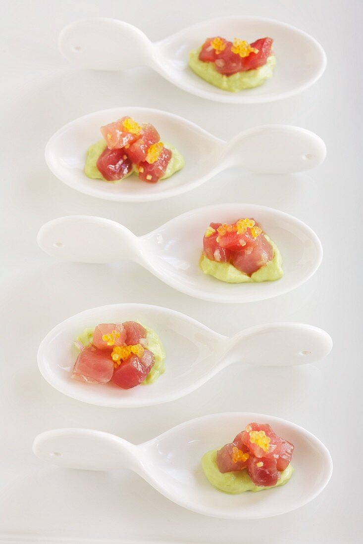 Avocado with Ahi tuna and Caviar Bites on Spoons