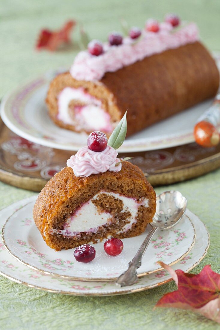 A Slice of Rolled Pumpkin Spice Cake with Cranberry Jam, Grand Marnier Syrup & Cream Cheese Filling