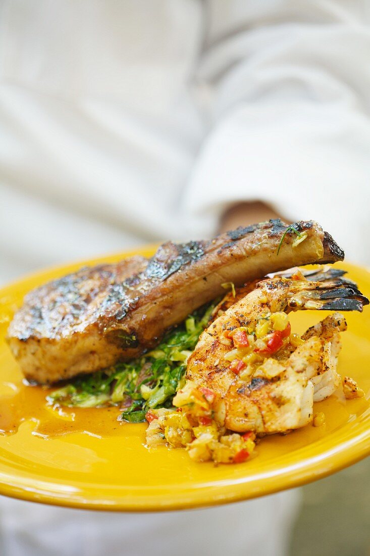 Grilled Pork Chop and Shrimp with a Corn Relish